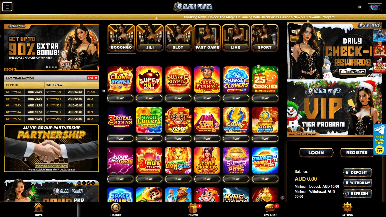 Blackpokies Casino home screen on desktop