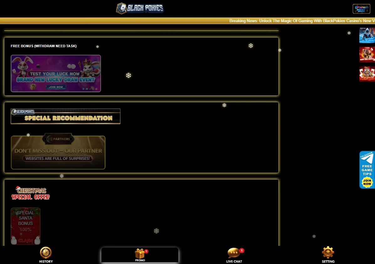 Blackpokies Casino promotions screen on desktop